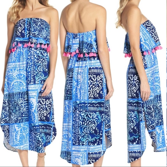 Lilly Pulitzer Meridian Deep Indigo Back Flounce Tassel Strapless Midi Dress L - Picture 1 of 8